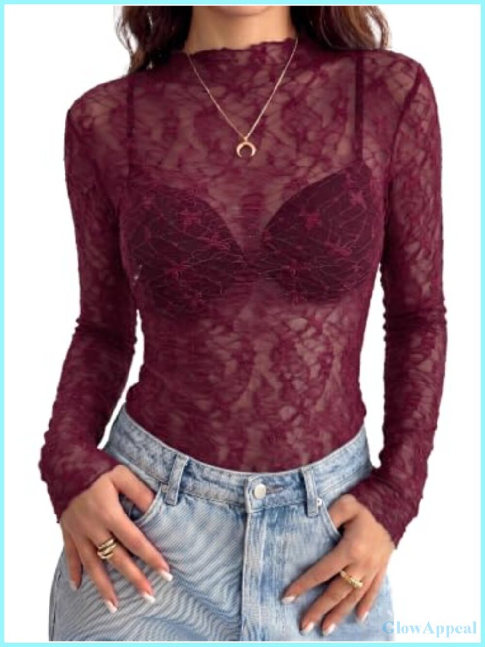 BTFBM Women's Lace Long Sleeve Mock Neck See Through Top